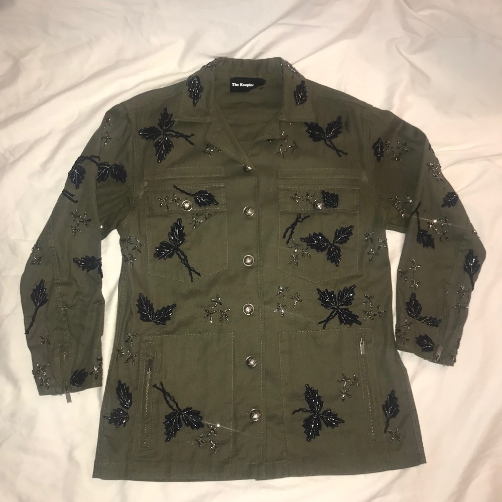 Fits M EUC size S military army beaded floral felt foliage jacket shirt top